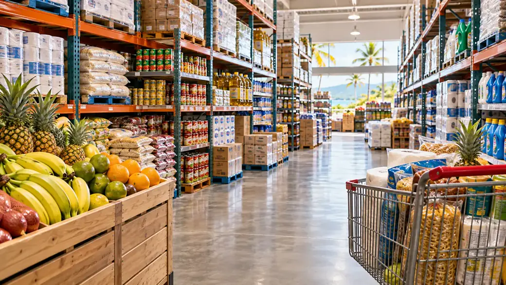 Illustrative warehouse grocery shopping artwork