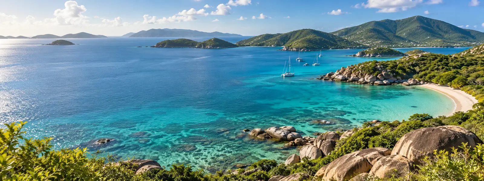 A turquoise bay, sailboats, green hills and granite shoreline representing the British Virgin Islands