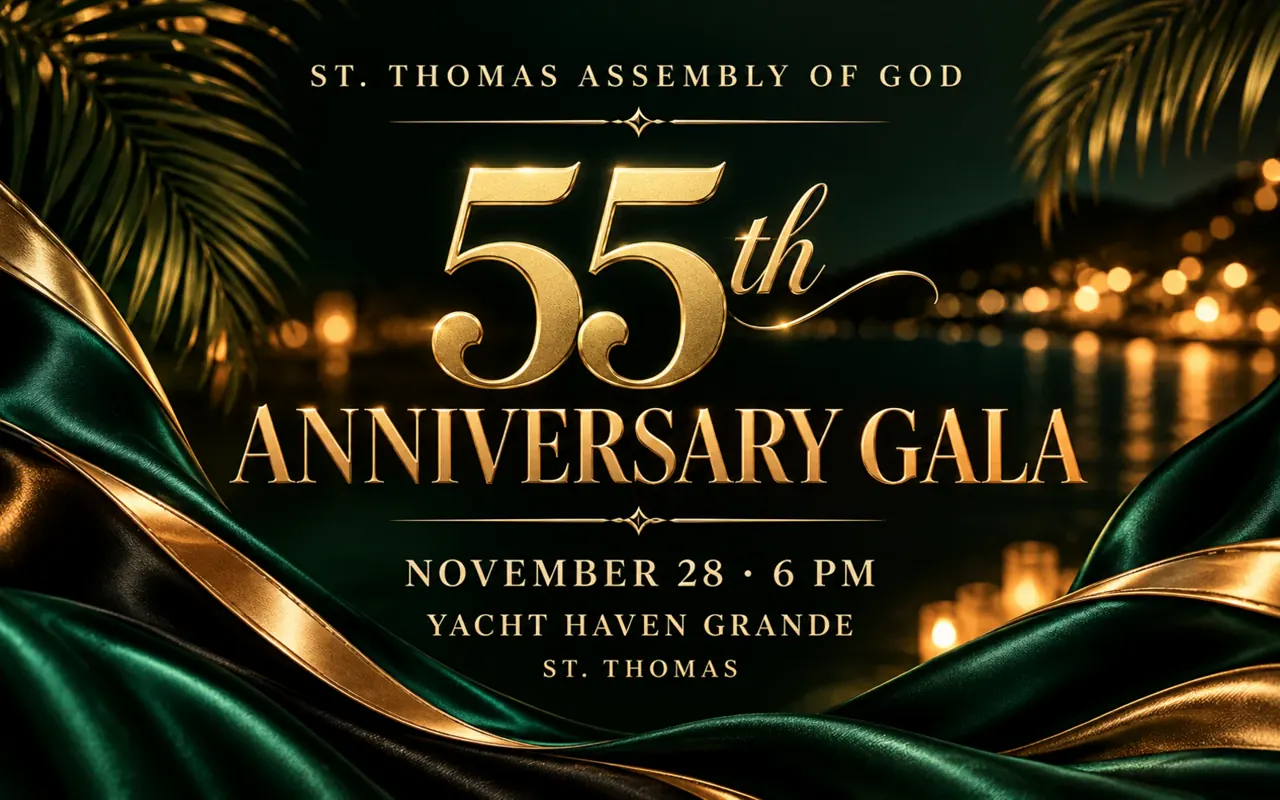 AI-created promotional illustration for St. Thomas Assembly of God 55th Anniversary Gala; not a photograph of the performers or event