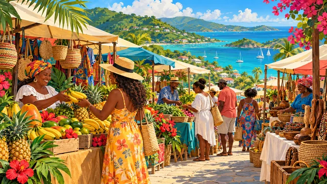 Illustration of st. thomas hillside farmers market with tropical produce and local vendors; not a photograph of this event