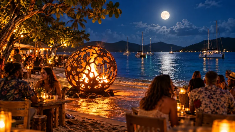 AI-generated illustration of a moonlit beach gathering with an openwork fire sculpture; not a photograph of this event