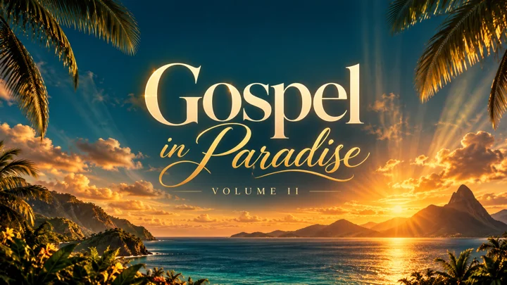 WelcomeToVI-designed Gospel in Paradise Volume II cover with gold lettering and an illustrated Caribbean sunset