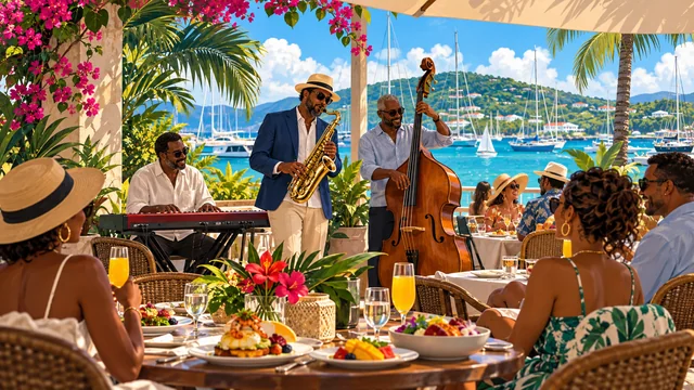 Illustration of outdoor caribbean jazz brunch beside an island marina; not a photograph of this event