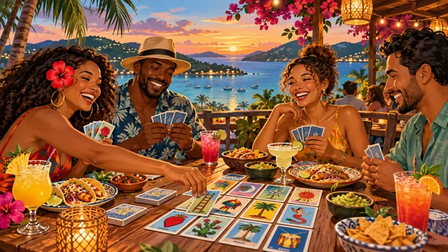 Illustration of island game night with loteria cards, tacos, and friends; not a photograph of this event