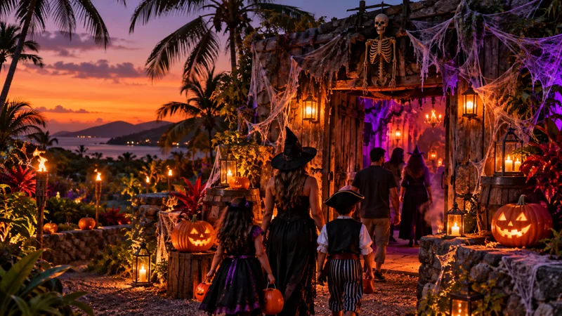 AI-generated illustration of a tropical halloween attraction with pumpkins and atmospheric lights; not a photograph of this event