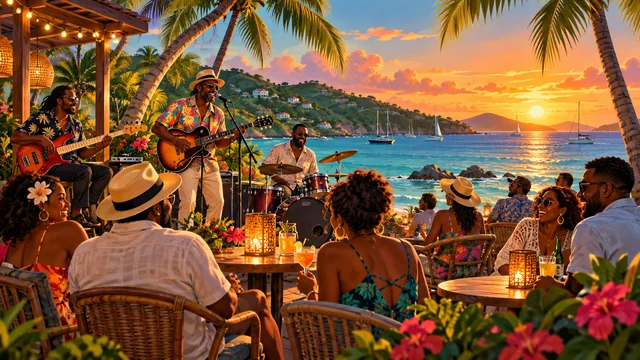 Illustration of live island band playing beside the sea at sunset; not a photograph of this event