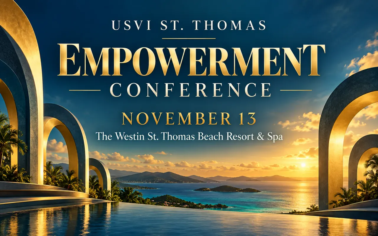 AI-created promotional illustration for USVI St. Thomas Empowerment Conference; not a photograph of the performers or event
