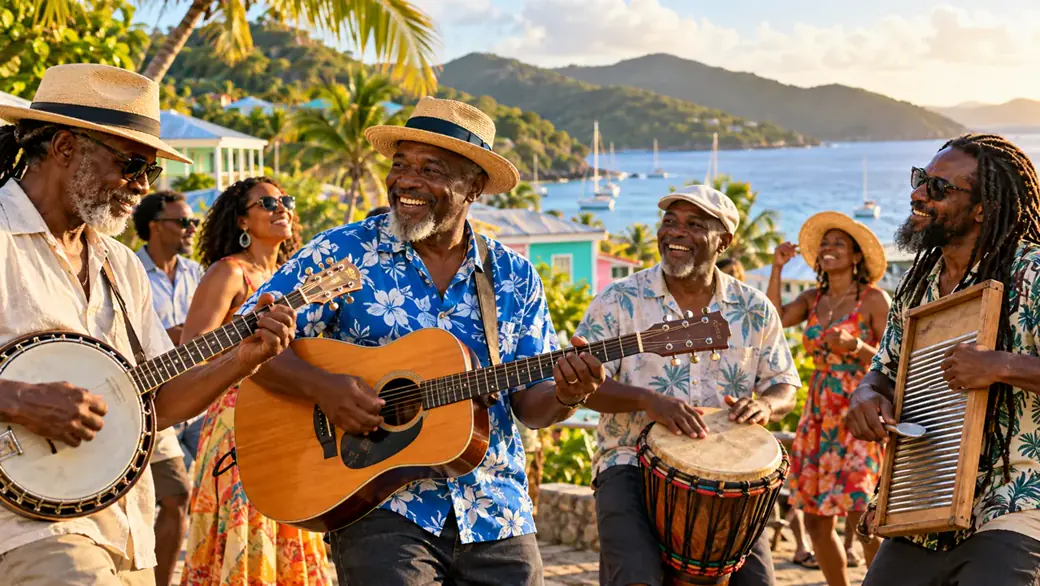 AI-generated illustration of caribbean musicians celebrating local culture outdoors; not a photograph of this event