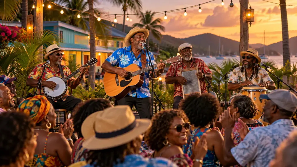 AI-generated illustration of traditional caribbean musicians performing before a local audience; not a photograph of this event