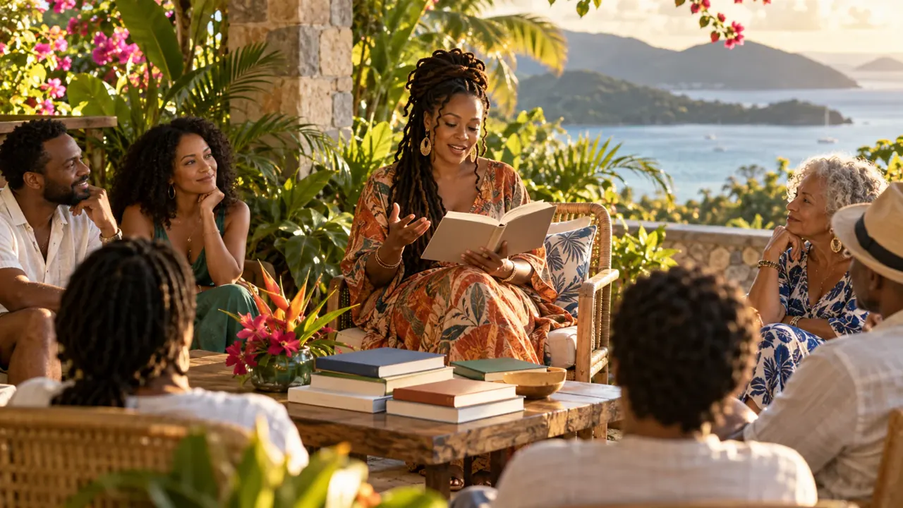 AI-generated illustration of an author reading at a tropical literary gathering; not a photograph of this event