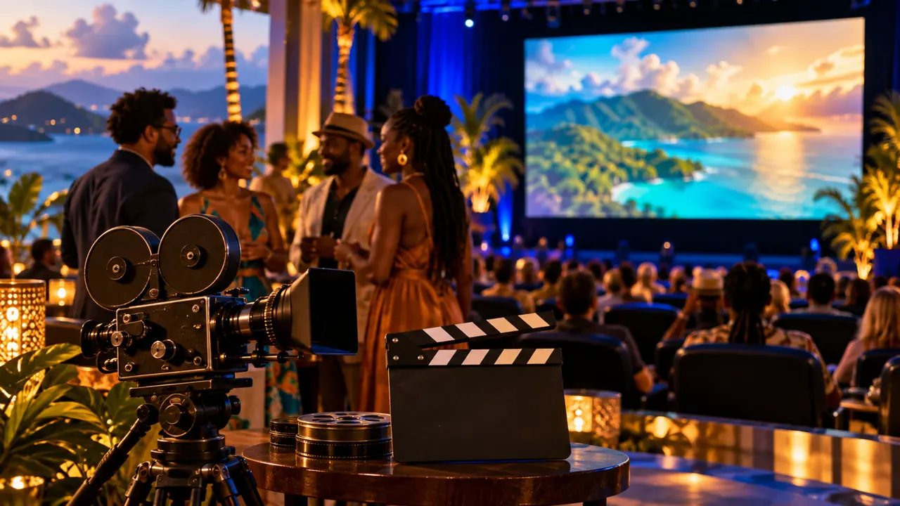 AI-generated illustration of a film camera and clapperboard at a caribbean film screening; not a photograph of this event