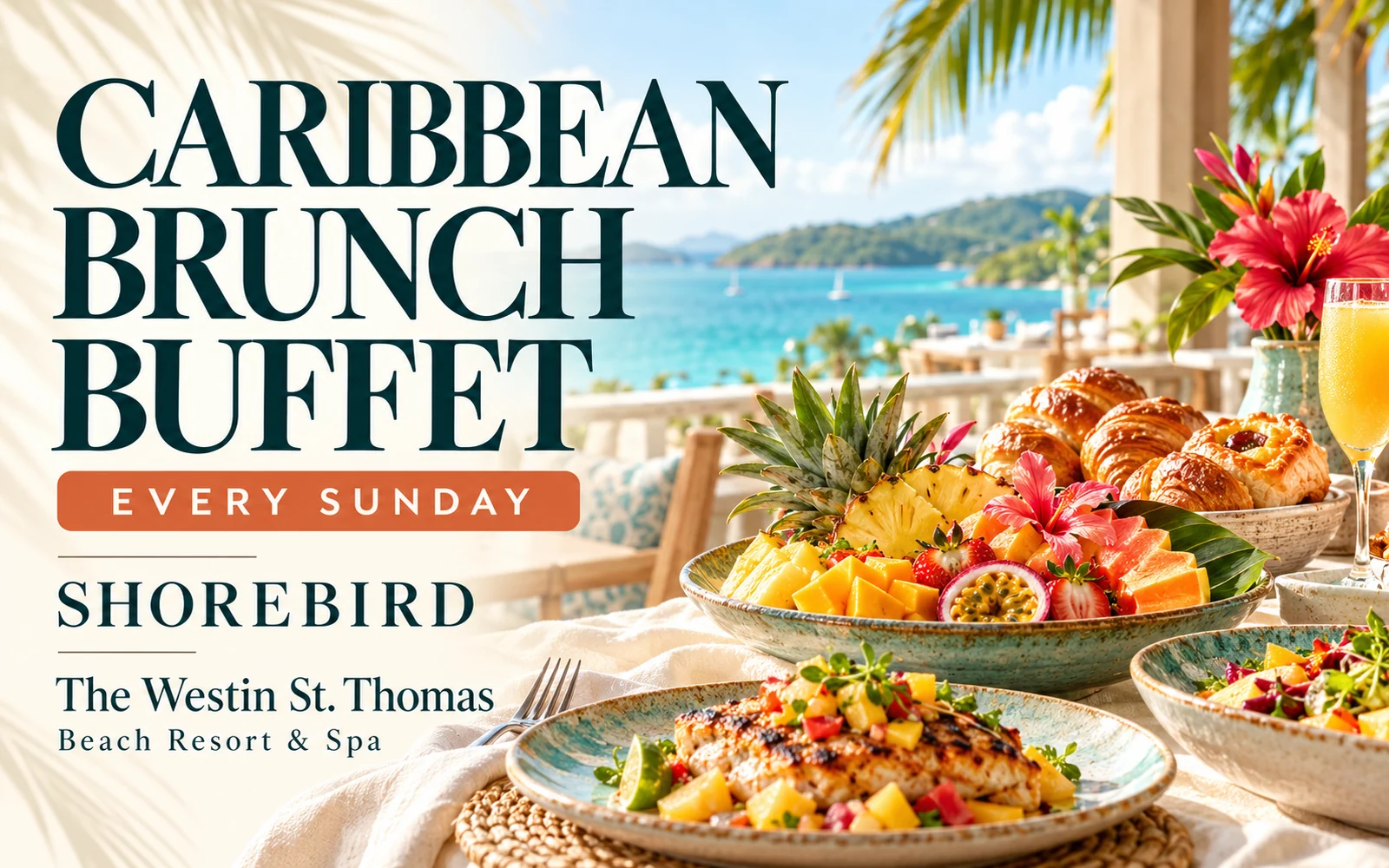 AI-created Caribbean Brunch Buffet promotional illustration for Shorebird; every Sunday at The Westin St. Thomas; not a photograph of the actual buffet