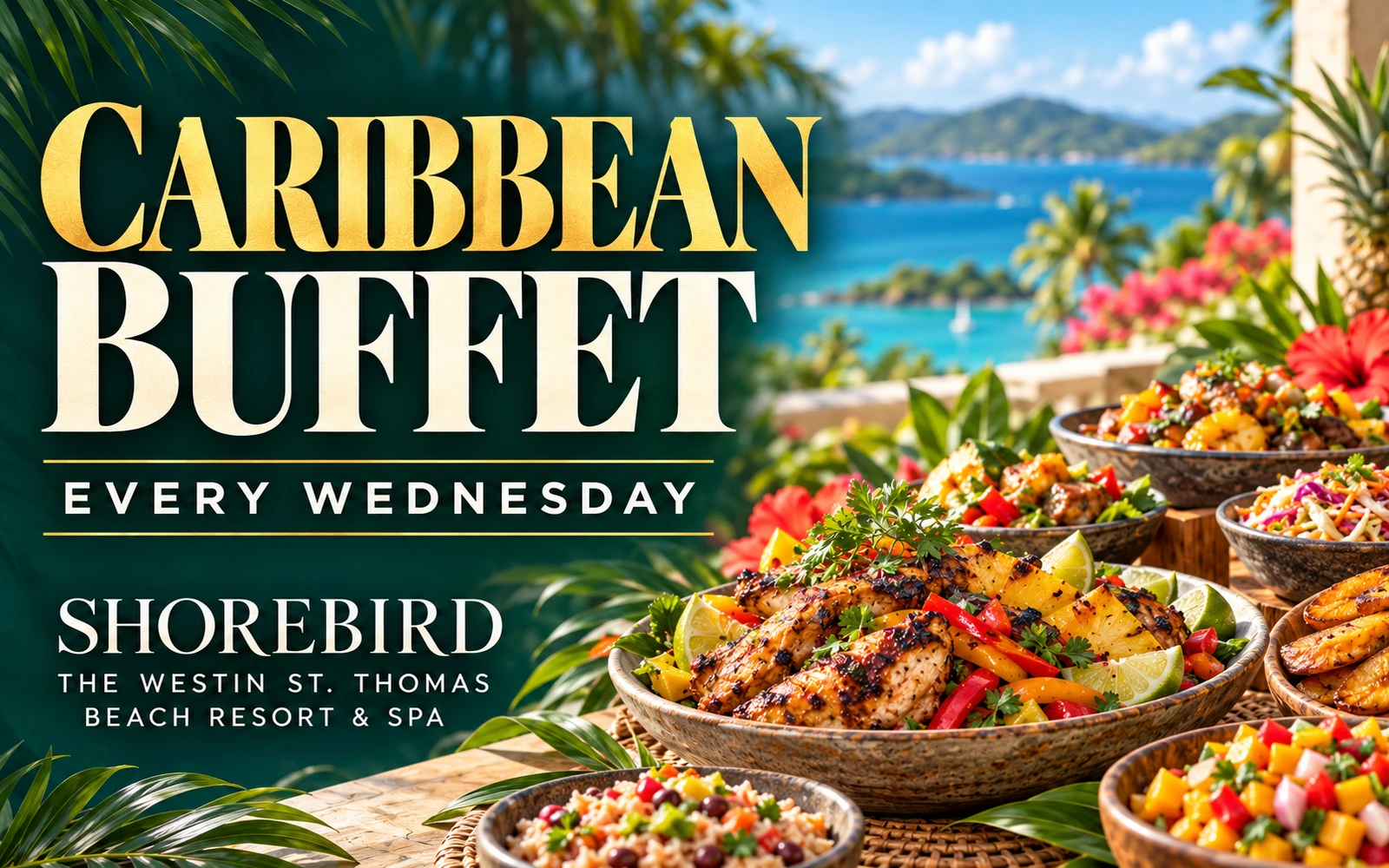 AI-created Caribbean Buffet promotional illustration for Shorebird; every Wednesday at The Westin St. Thomas; not a photograph of the actual buffet