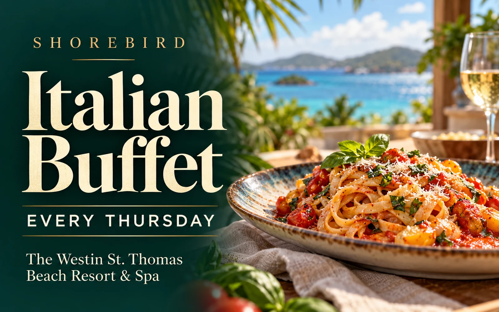 AI-created Italian Buffet promotional illustration for Shorebird; every Thursday at The Westin St. Thomas; not a photograph of the actual buffet