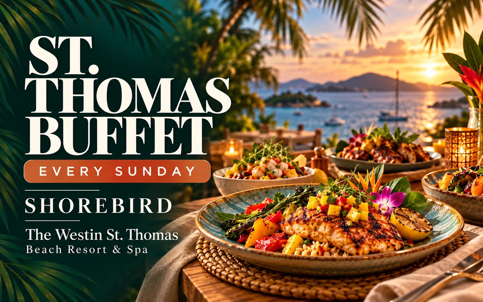 AI-created St. Thomas Buffet promotional illustration for Shorebird; every Sunday at The Westin St. Thomas; not a photograph of the actual buffet