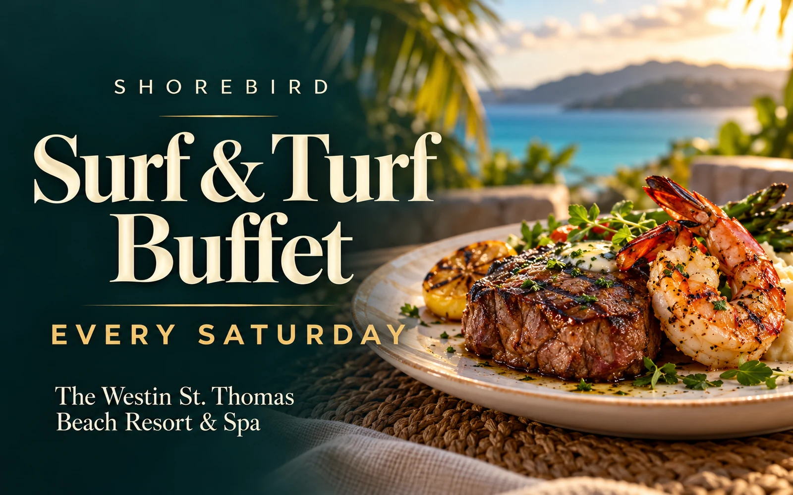 AI-created Surf & Turf Buffet promotional illustration for Shorebird; every Saturday at The Westin St. Thomas; not a photograph of the actual buffet
