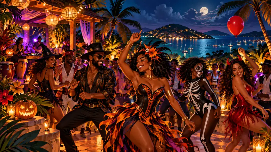 Illustration of festive island halloween dance evening with a red balloon; not a photograph of this event