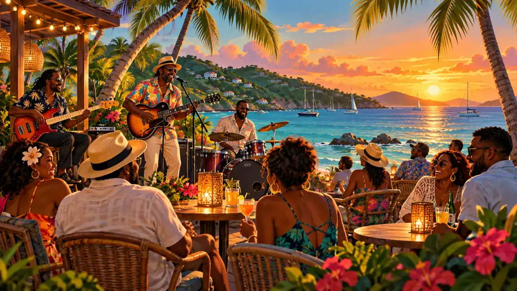 Illustration of live island band playing beside the sea at sunset; not a photograph of this event