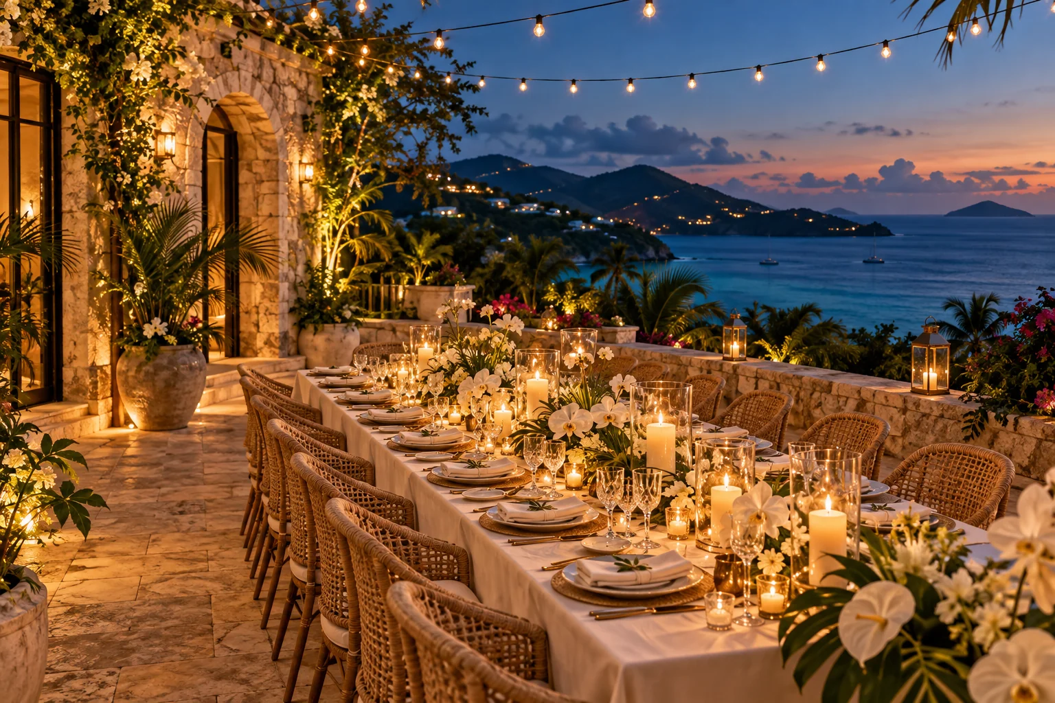 Wedding inspiration: a candlelit reception table on an ocean-view Caribbean terrace