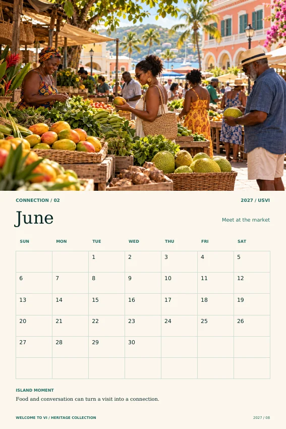 June 2027 calendar preview, with island community market artwork