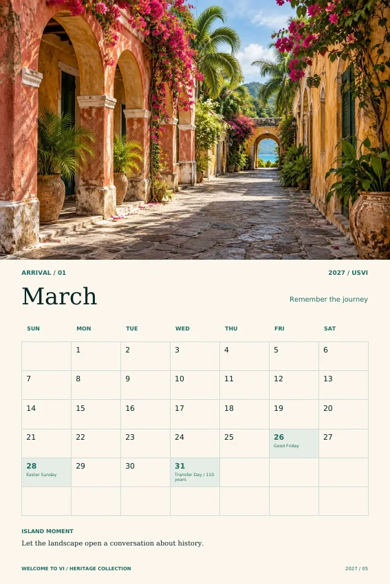 March 2027 calendar preview, highlighting the 110th Transfer Day anniversary